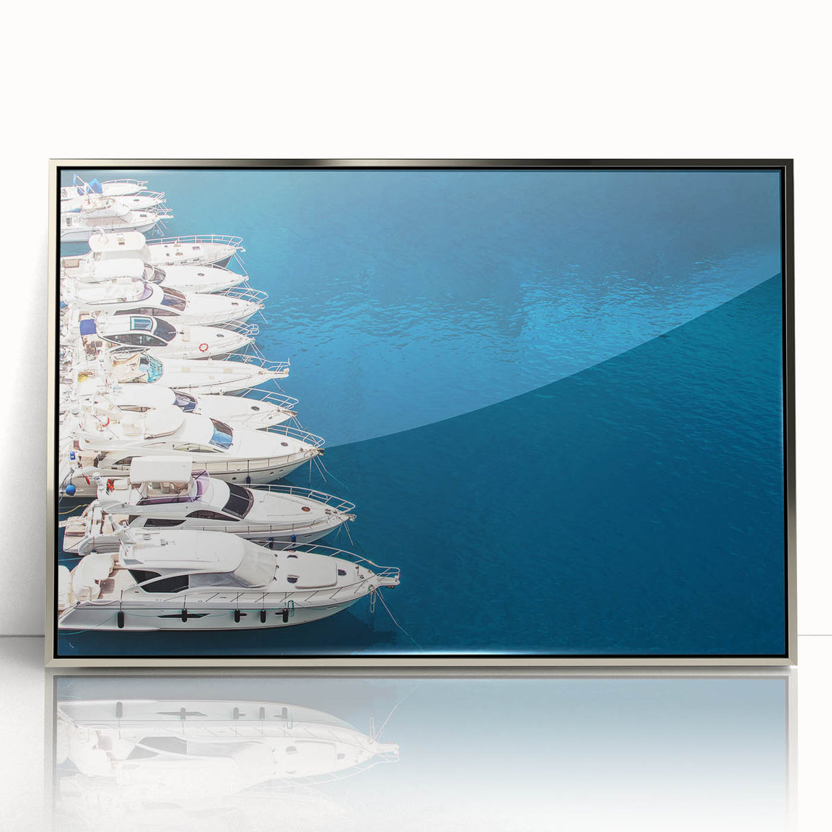Large acrylic print of a mid-century modernist European Monaco scenery in muted blue and silver tones.