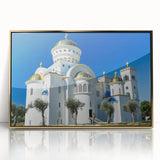 Art Deco poster of a European Montenegro landscape in gold and blue tones, acrylic print framed.