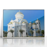 Mid-century modernist art depicting a Montenegrin landscape in muted earth tones on a framed acrylic.