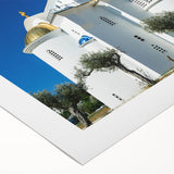 Art deco poster of Montenegro scenery in muted blue and cream tones on rolled canvas, suitable for dining room decor.