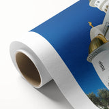 Art deco poster of Montenegro scenery on rolled canvas, featuring pastel shades, suitable for nursery wall art.