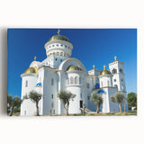 Black and white photograph of a European coastal town on stretched canvas, ideal for kitchen wall art.