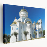 Large art print of Montenegro scenery in soft blue and green hues on stretched canvas, ideal for kitchen wall art.