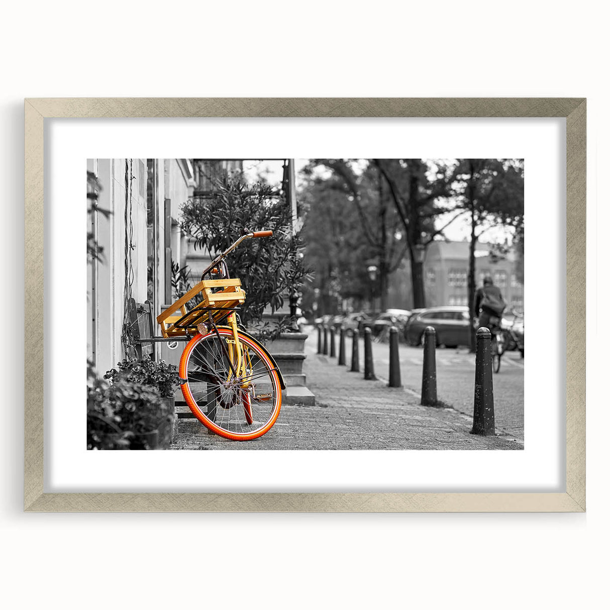 Extra large abstract art print of Amsterdam scenery in muted tones on a textured canvas, framed in silver.