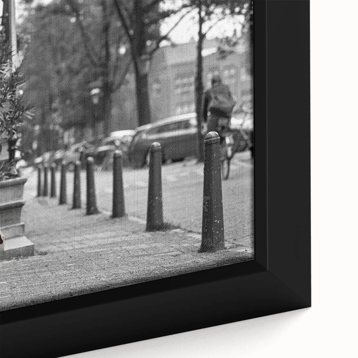 Extra large framed canvas of Amsterdam scenery in black with colorful, textured details, ideal for living room decor.