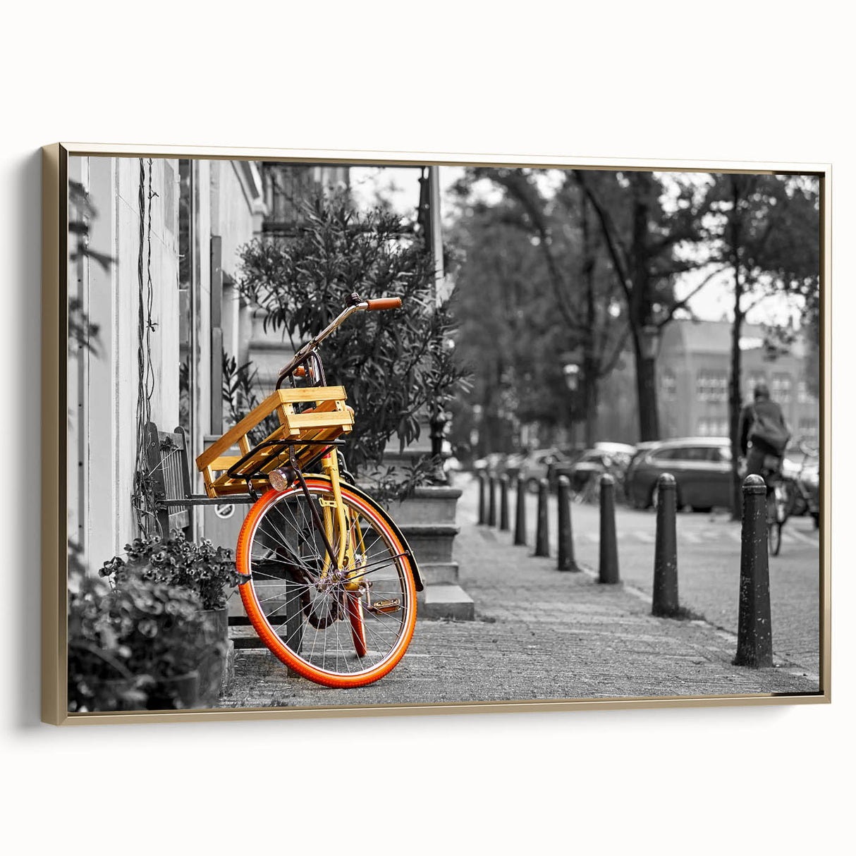 Framed canvas wall art of a vintage Amsterdam landscape in black and gold tones, ideal for bedroom decor.