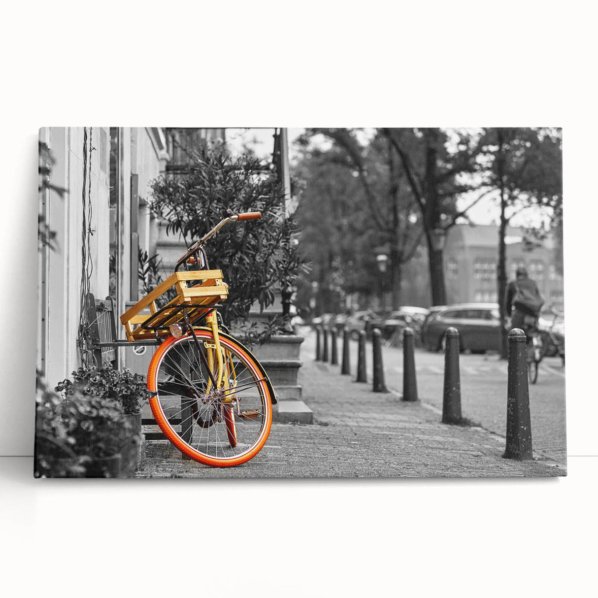 Black and white stretched canvas of Amsterdam canal scene, ideal for kitchen wall art.