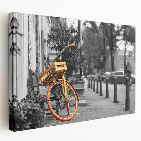 Amsterdam canal scene on stretched canvas, in muted earth tones, suitable for kitchen wall art.