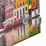 Large abstract wall art of a European scenery in muted earth tones on acrylic glass, suitable for dining room ambiance.