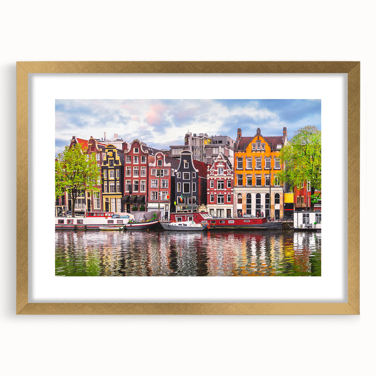 Abstract art print of a European scenery in muted earth tones on a framed canvas, suitable for dining room decor.