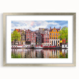 Extra large abstract art print of a European scenery in textured silver frame, ideal for living room decor.