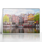 Mid-century modernist art depicting a European landscape in muted earth tones, acrylic print.