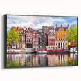 Black and white framed canvas featuring a vintage-style landscape of a Dutch canal, ideal for bedroom wall decor.