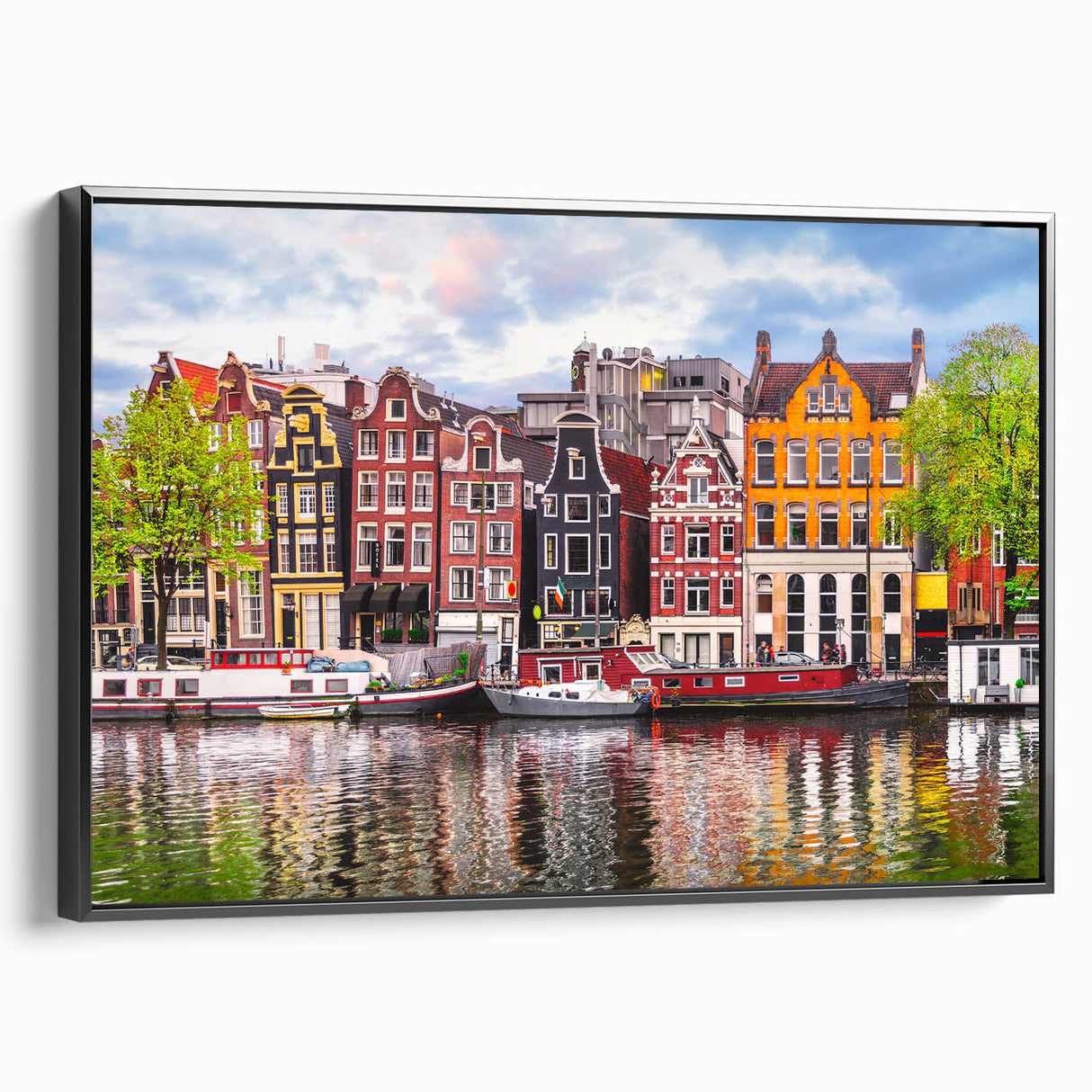 Black and white framed canvas featuring a vintage-style landscape of a Dutch canal, ideal for bedroom wall decor.