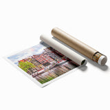 Extra large rolled print featuring a serene Dutch canal scene with lush floral borders in muted earth tones.