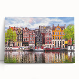 Black and white photograph of a scenic European village on stretched canvas, ideal for kitchen wall art.