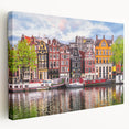 Dutch canal scene on large stretched canvas in muted green and blue tones, suitable for kitchen wall art.