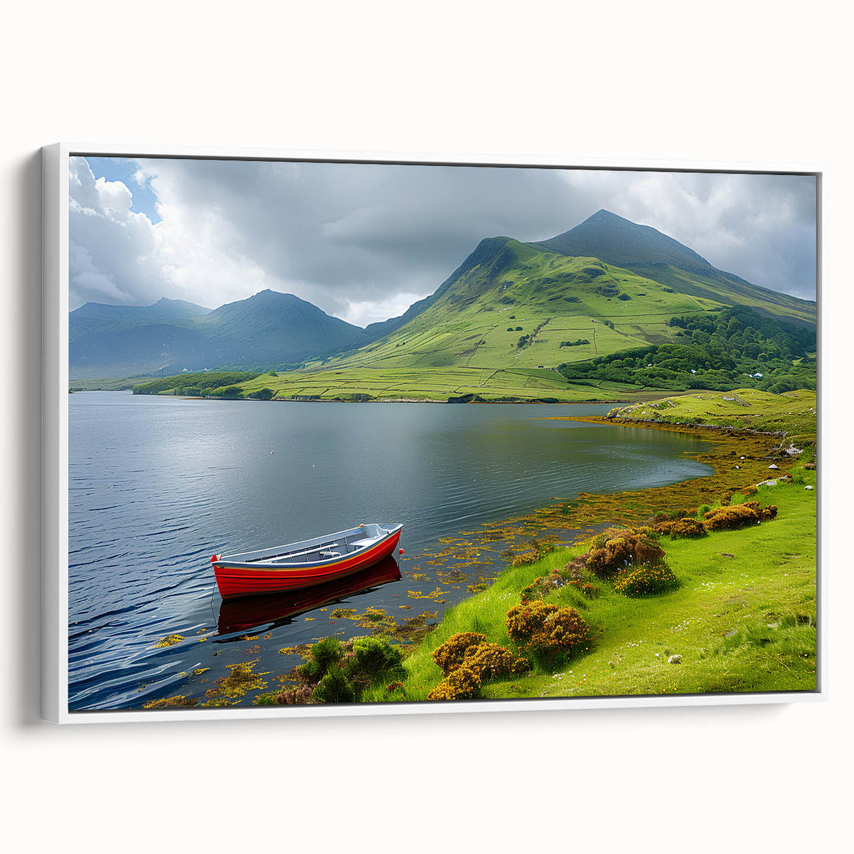 Vintage poster art of a Northern Ireland landscape in vibrant colors on a large framed canvas.