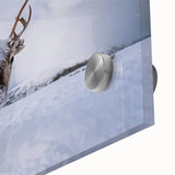 Large abstract wall art depicting a Norwegian landscape in muted green and blue tones on acrylic glass.