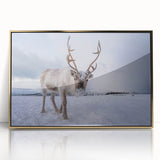 Art deco poster of a Norwegian landscape in muted gold and blue tones on framed acrylic, ideal for modern art wall decor.