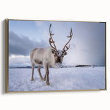 Framed canvas featuring a vintage-style landscape painting of a Norwegian scenery in muted earth tones.