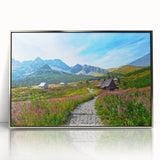 Large art print of a Polish landscape in silver frame, featuring mid-century modernist style.