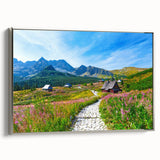 Landscape art painting of a colorful European scene on a silver-framed canvas, ideal for living room decor.