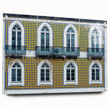 Large abstract wall art of Lisbon scenery on acrylic glass, in muted earth tones, ideal for bedroom or dining room decor.