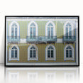 Large abstract wall art of Lisbon's skyline in muted gray and blue tones on a framed acrylic.