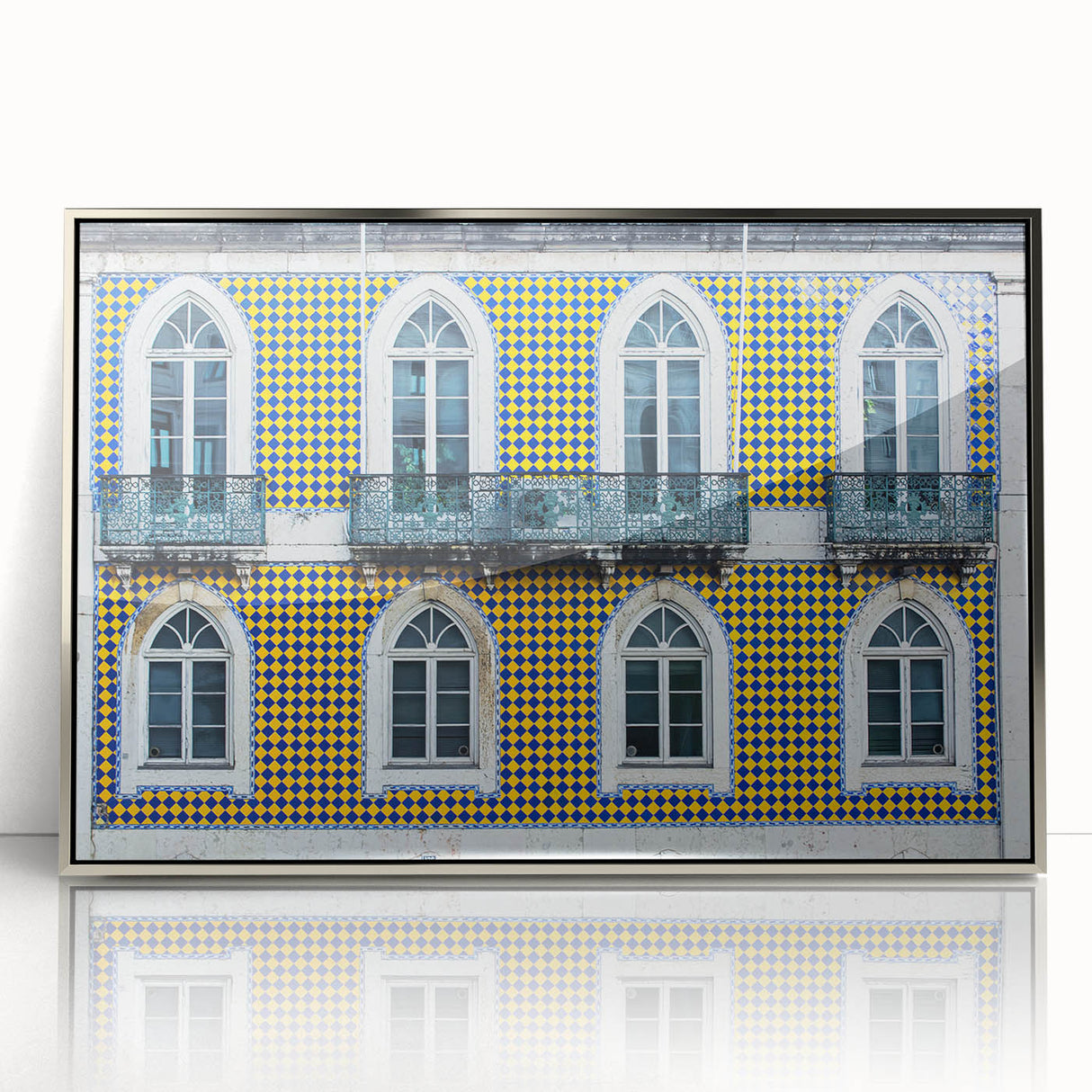 Framed acrylic print of Lisbon cityscape in muted colors, ideal for modern art wall decor.