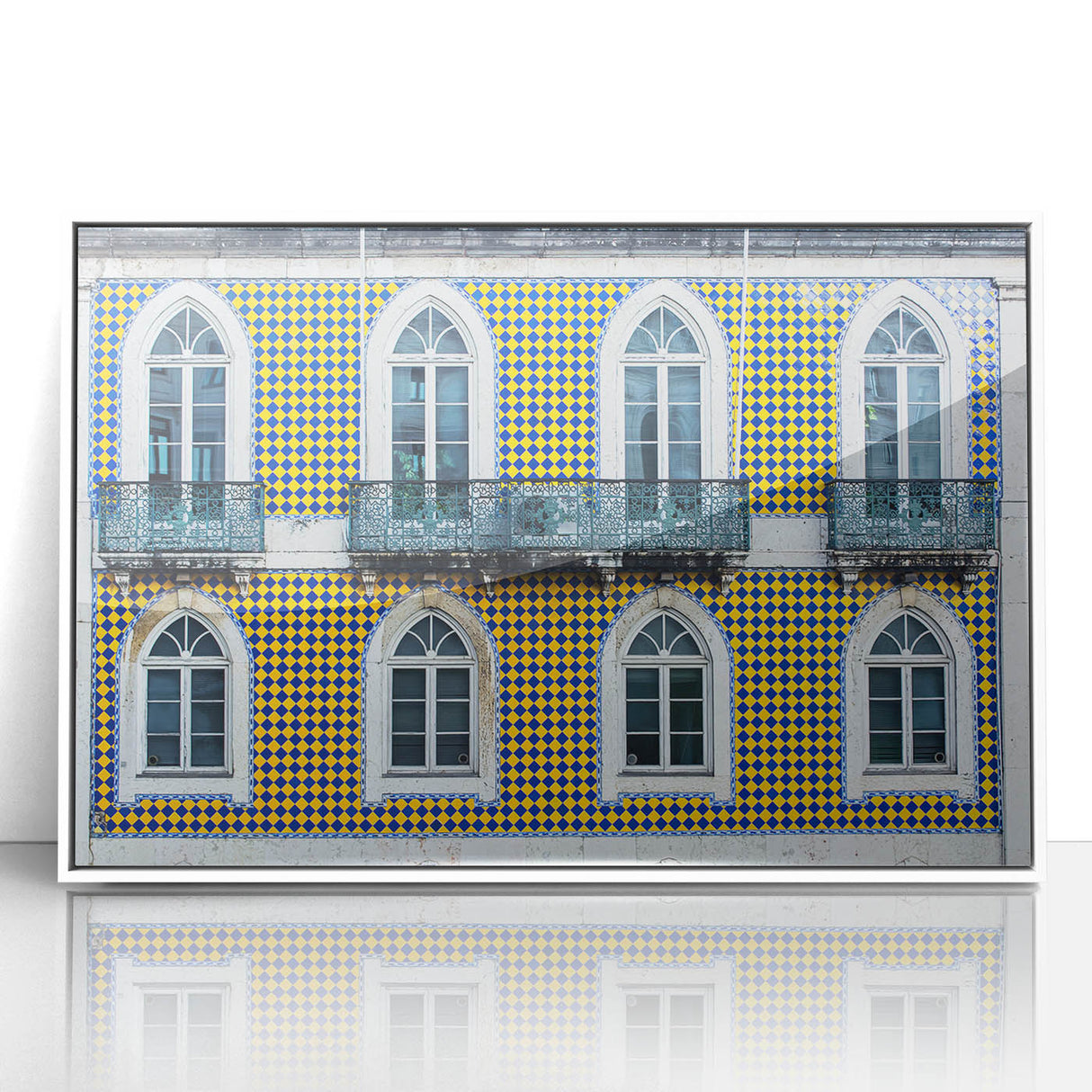 Mid-century modernist art depicting Lisbon's cityscape in pastel tones on a framed acrylic, ideal for nursery wall art.