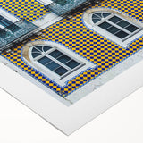 Art deco poster of Lisbon scenery in muted earth tones on rolled canvas, suitable for dining room wall art.