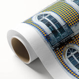 Art deco poster of Lisbon scenery with pastel blue and pink tones on rolled canvas, ideal for nursery wall art.