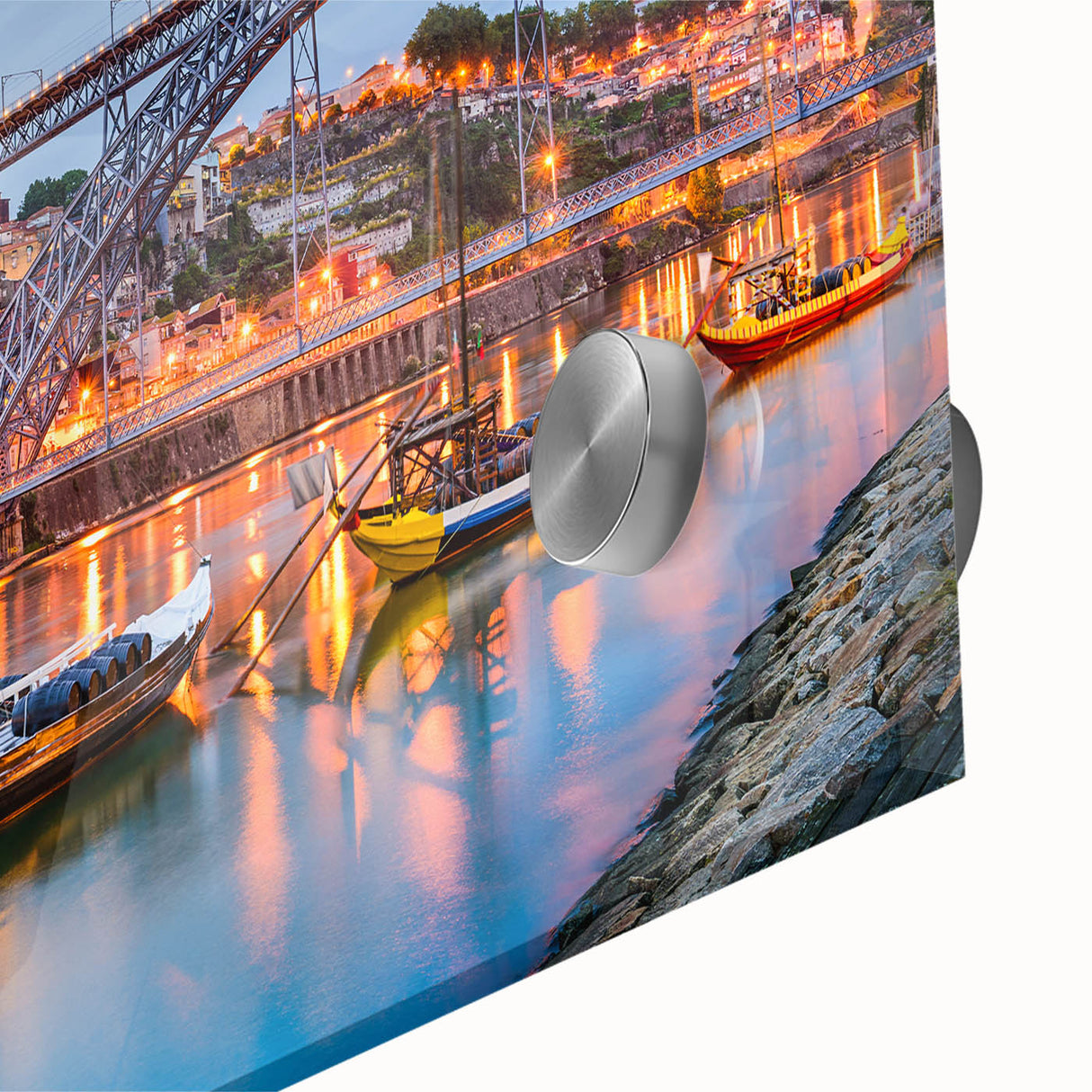 Large abstract depiction of Porto scenery in mid-century modernist style on acrylic glass, ideal for dining room art.