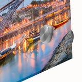 Large abstract depiction of Porto scenery in mid-century modernist style on acrylic glass, ideal for dining room art.