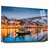 Large abstract wall art of Porto, Portugal in muted blue and gray tones on acrylic glass.
