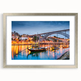 Extra large abstract art print of Porto scenery in muted blues and grays, framed with a silver mat.