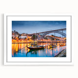 Textured abstract art print of Porto scenery in muted green and blue tones, framed in white, suitable for bedroom art.