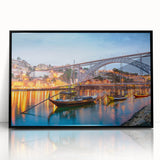 Large abstract wall art of Porto, Portugal, in muted gray and blue tones on a black framed acrylic.