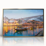 Art Deco poster of Porto, Portugal with gold and blue tones on a framed acrylic, suitable for modern art wall decor.