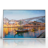 Mid-century modernist art of Porto, Portugal, with vibrant blue and white tones on a framed acrylic print.