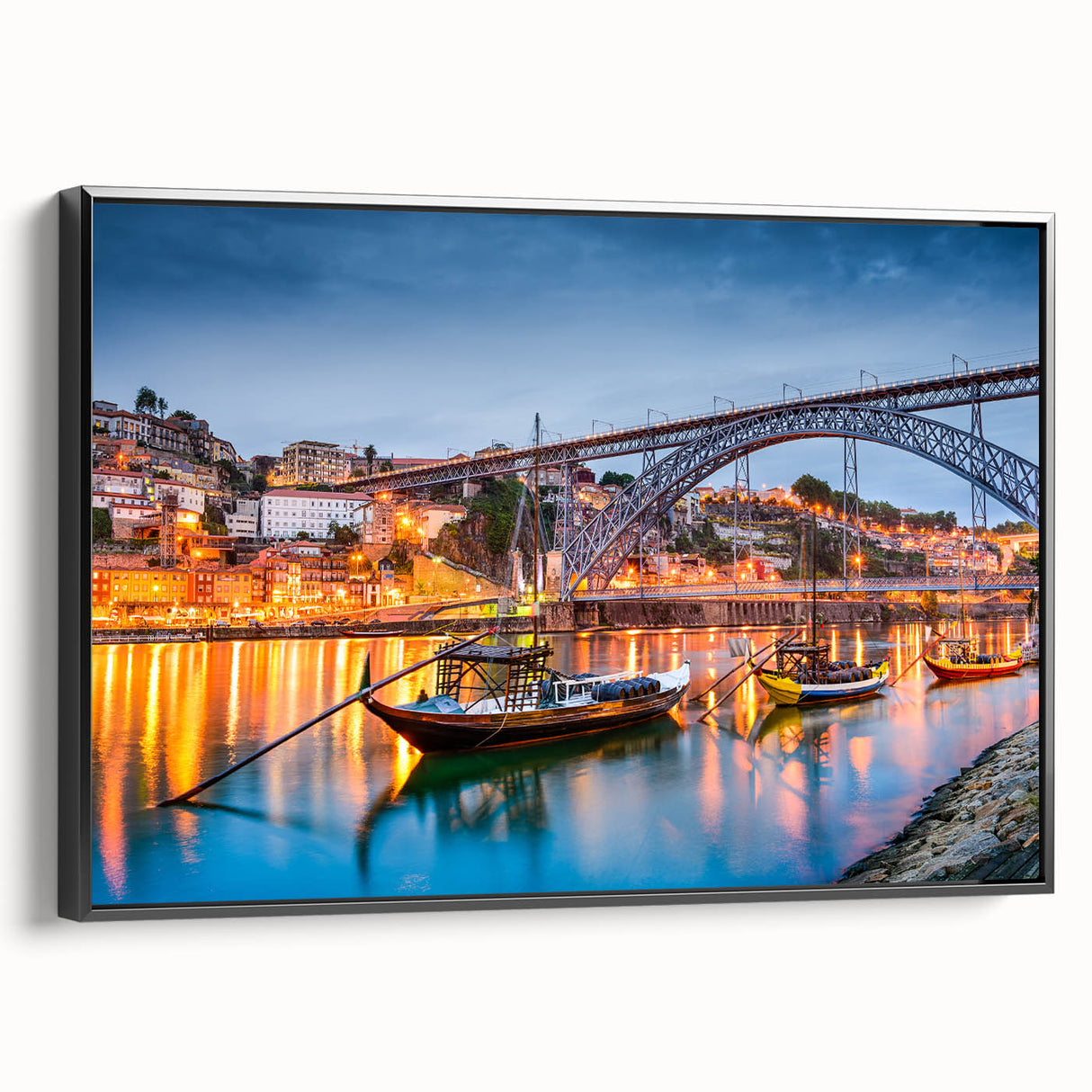 Black and white landscape art painting of Porto, Portugal on framed canvas, ideal for bedroom wall decor.