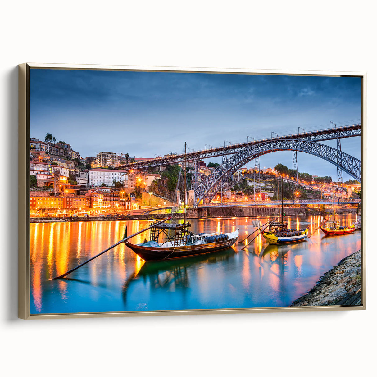 Framed canvas of a vintage-style Porto landscape in muted gold and black tones, ideal for bedroom wall art.