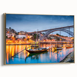Framed canvas of a vintage-style Porto landscape in muted gold and black tones, ideal for bedroom wall art.
