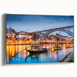 Landscape art painting of Porto, Portugal on framed canvas, featuring a vintage poster style with a colorful palette.