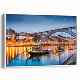 Vintage poster art of Porto, Portugal, in colorful hues on extra large framed canvas, ideal for living room decor.