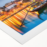 Art deco poster of Porto scenery on rolled canvas, featuring vibrant hues of blue and orange, ideal for dining room wall art.