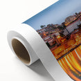 Art deco poster of Porto scenery on rolled canvas, featuring soft pastel shades, suitable for nursery wall art.
