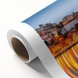 Art deco poster of Porto scenery on rolled canvas, featuring soft pastel shades, suitable for nursery wall art.