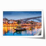 Scenic view of Porto, Portugal in muted watercolor tones on a rolled canvas, ideal for dining room wall art.